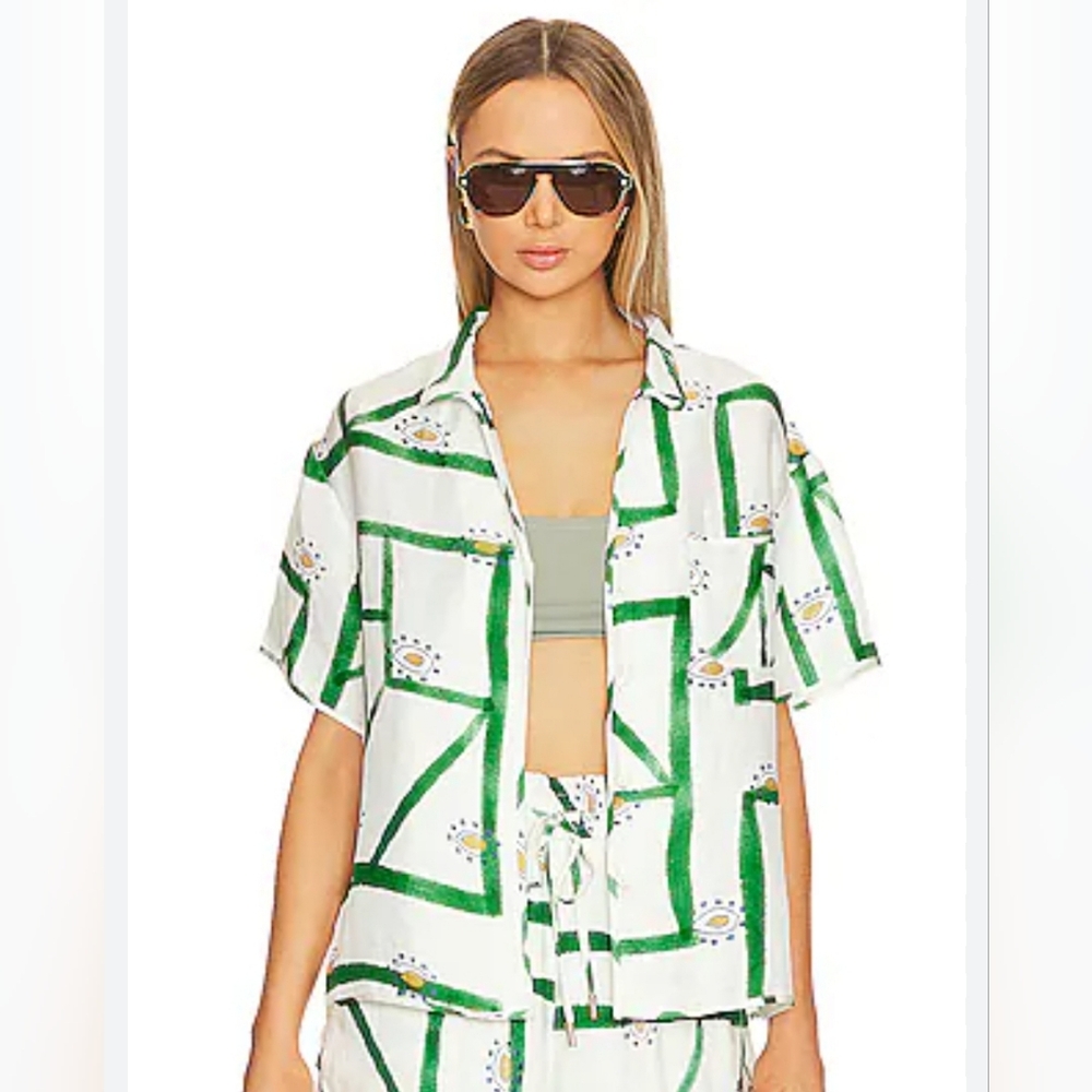 Sancia Cosima Button Up Shirt Green White Grid Print Size XS
